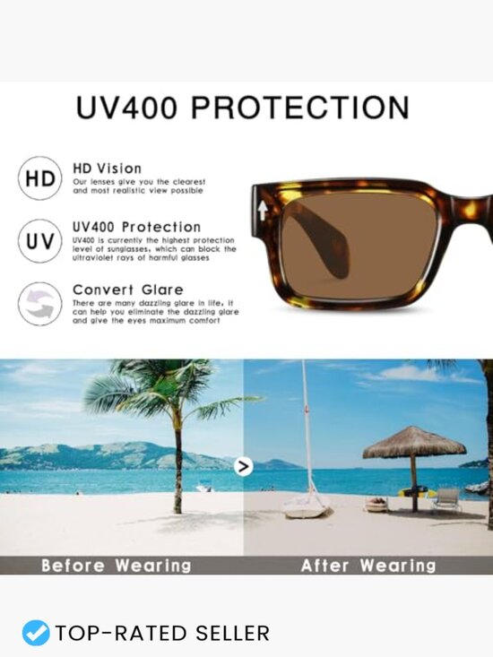 Square Frame Sunglasses Chunky Rectangle Sun Shades UV400 Protection Retro main image 6